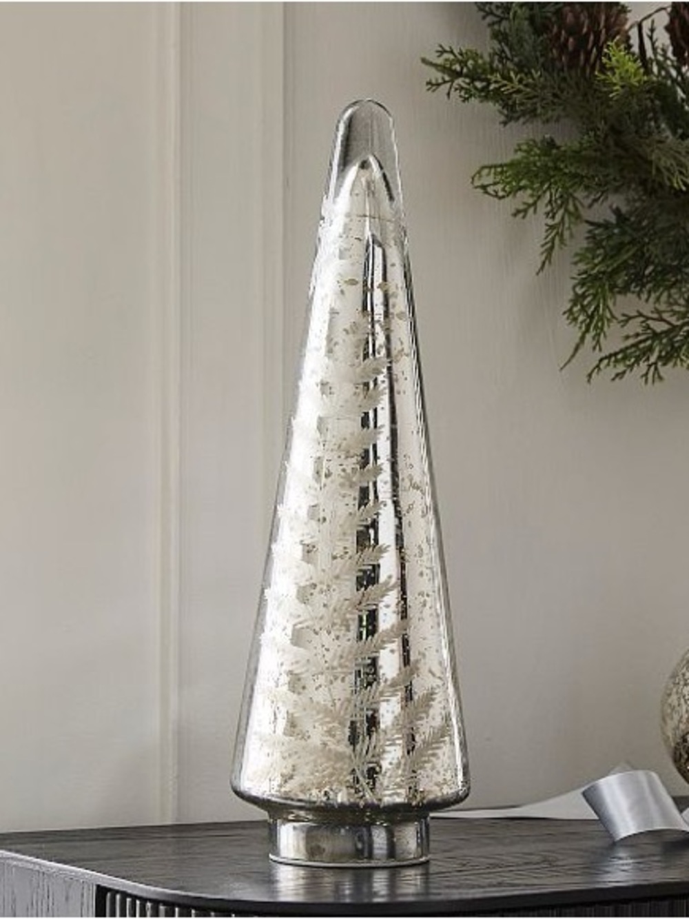 New West Elm Evergreen Lit Etched Mercury Christmas Tree Decor, Silver, 16”